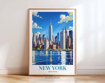 New York City Skyline Travel Wall Art – Manhattan Empire State View NYC Travel Poster for Home or Office Decor Artwork Gift