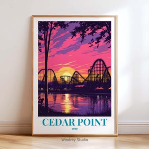 Cedar Point Sunset Roller Coaster Travel Artwor Print – Ohio Amusement Park Wall Art, Vibrant Travel Poster, USA Landscape Decor