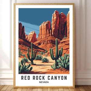 Red Rock Canyon Poster • United States Travel Wall Art • Desert Printable • Nevada Landscape Illustration • Southwest Cactus Decor
