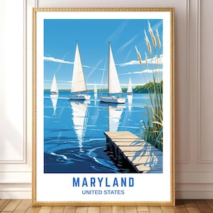 Maryland Sailboat Wall Art – Unites States Nautical Lake Poster, Coastal Home Decor, Chesapeake Bay Print, Blue Nautical Landscape Artwork