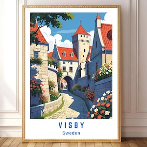 Visby Sweden Travel Poster – Vintage Scandinavian Wall Art Print, Colorful Medieval City Illustration, Digital Download Home Decor