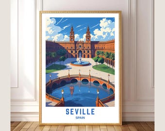 Seville Spain Wall Art Poster – Plaza de España Travel Poster, Vintage European Architecture Spanish Cityscape Home Decor | Digital Download