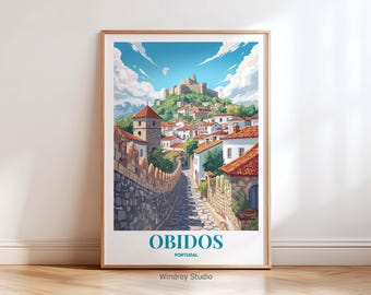 Obidos Portugal Wall Art Print, Vintage Obidos Portugal Travel Poster, Coastal Portugal Architecture, White Houses Red Roofs Travel Gift