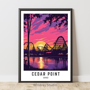 Muurkunst print Cedar Point achtbaan – poster attractiepark Ohio zonsondergang – Levendig reiskunstwerk, fysieke print
