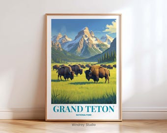 Art mural de voyage dans le parc national de Grand Teton - Poster de voyage vintage de Grand Teton avec des bisons et des paysages de montagne, cadeau déco Yellowstone