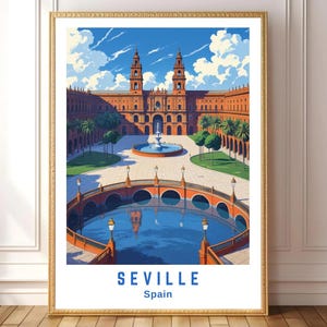 Seville Spain Wall Art Print – Plaza de España Travel Poster, Vintage European Architecture, Spanish Cityscape Home Decor