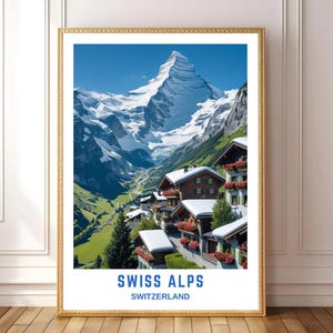 Swiss Alps Travel Poster, Switzerland Mountain Landscape Print, Matterhorn Wall Art, Alpine Village Photography, Digital Download