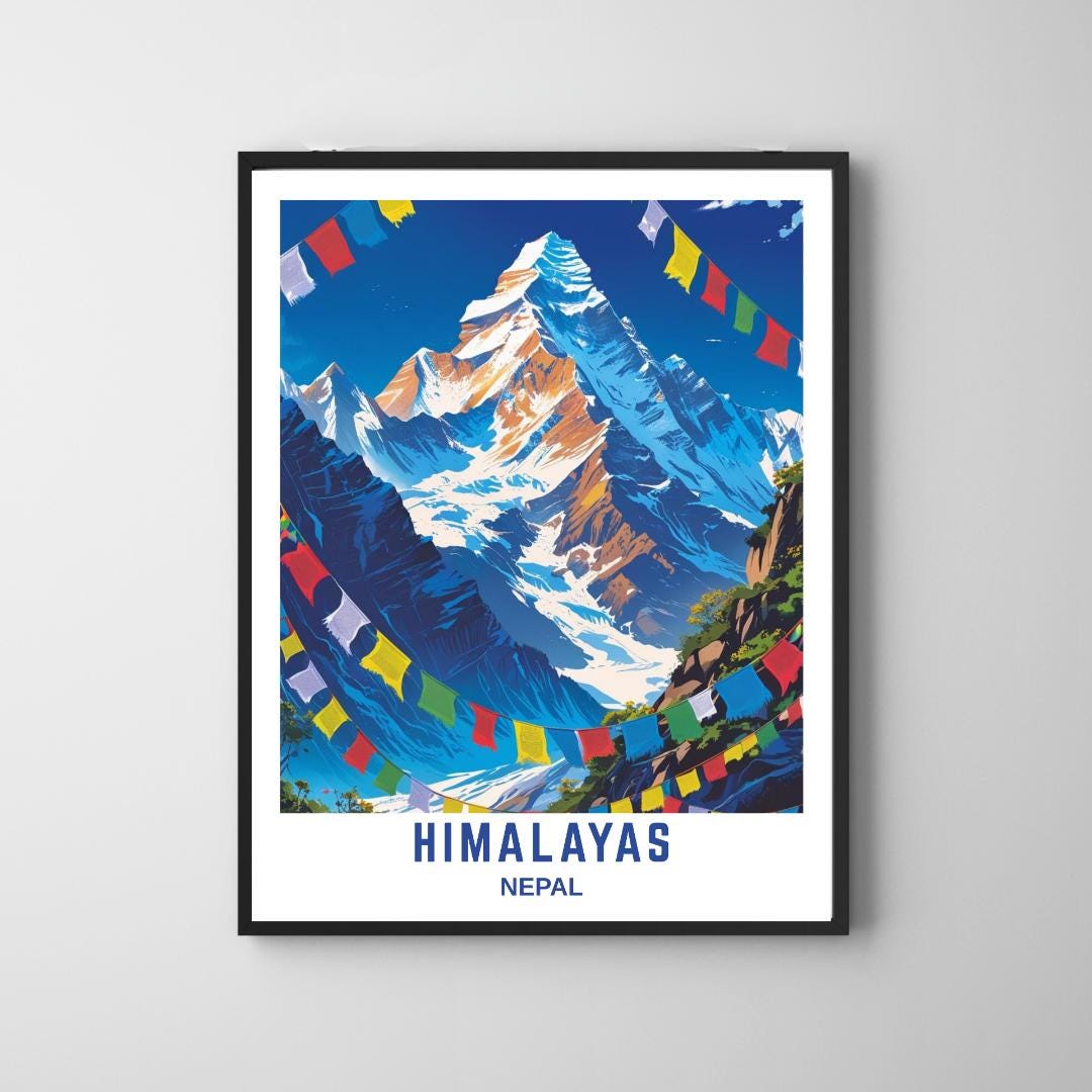 Himalayas Mountain Wall Art Print, Nepal Travel Poster, Snowy Peak