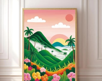 Mountain Landscape Wall Art – Tropical Vibrant Sunset Jungle Scene – Digital Download Botanical Print – Colorful Nature Home Decor