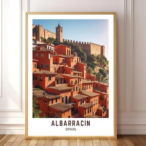 Albarracín Spain Wall Art | Rustic Terracotta Village Print | Medieval Castle & Spanish Architecture Travel Poste | Digital Download