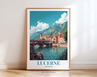 Lucerne Switzerland Wall Art Print - Vintage Switzerland Travel Poster, Swiss Alps City Landscape European Travel Decor Travel Gift