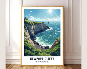 Newport Cliff Wall Art  Print– Sailboat Coastal Poster Print of Rhode Island, Nautical Travel Gift, Ocean Landscape for Beach House Decor