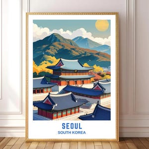 Seoul South Korea Travel Poster, Korean Wall Art Print, Vintage Cityscape Illustration, Asian Architecture Decor, Digital Download