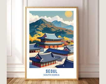 Seoul South Korea Travel Poster, Korean Wall Art Print, Vintage Cityscape Illustration, Asian Architecture Decor, Digital Download