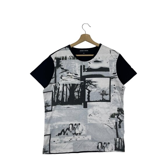 Emporio Armani, Vintage Emporio Armani Landscape Graphic Front Panel T-Shirt Black/White Size XXL