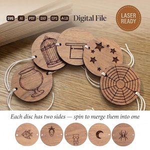 Peut inclure: Un ensemble de disques circulaires en bois avec des motifs gravés au laser, notamment une cage à oiseaux, un chapeau haut-de-forme, des étoiles, une toile d'araignée, un poisson, un lapin, une lune et une araignée. Fichiers numériques, Laser Ready.