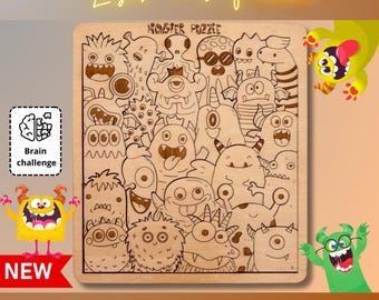Monsters Puzzle SVG DXF Laser Cut File | 24-Piece Wooden Kids Game | Glowforge xTool Lightburn