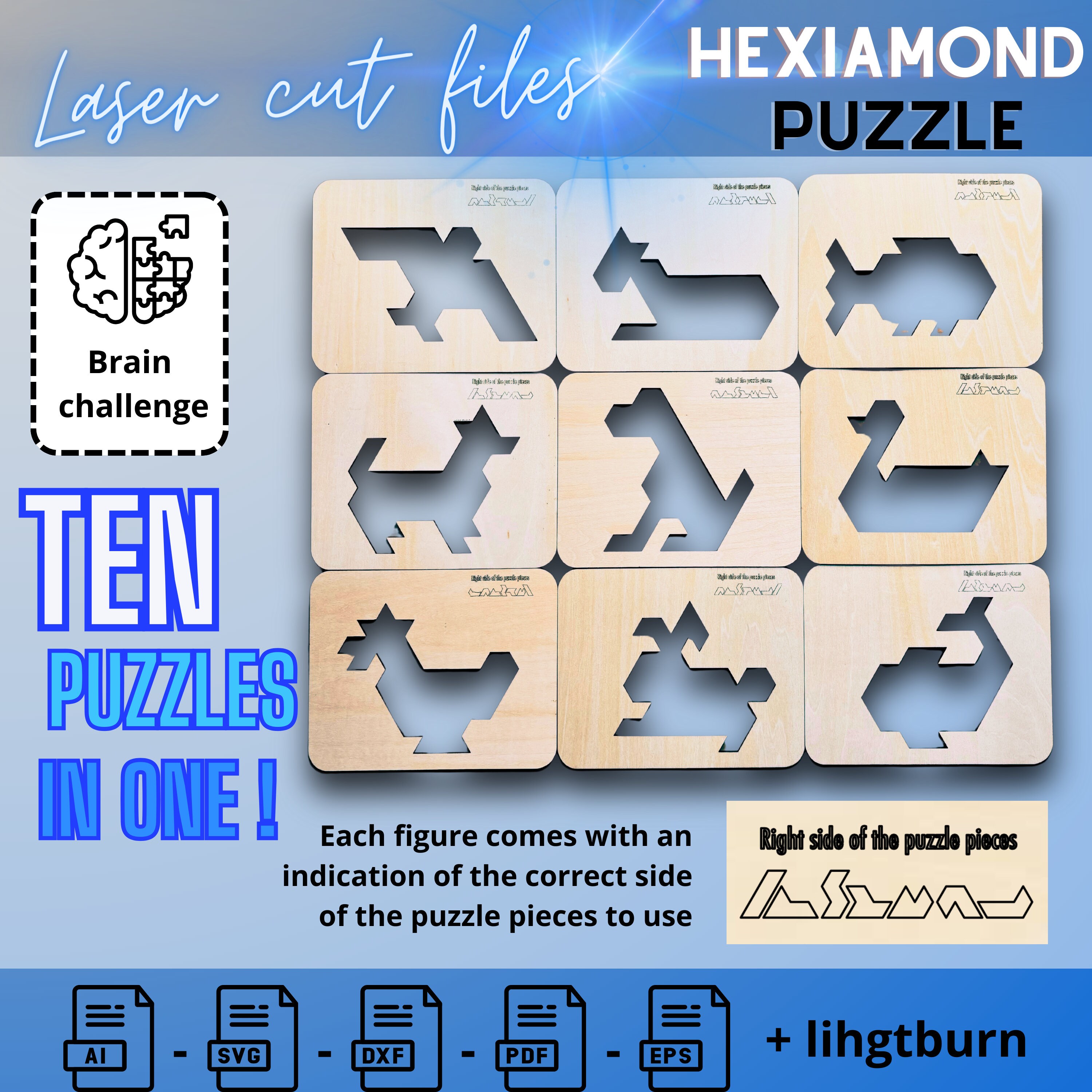 DIY Animal Hexiamond Puzzle Template - Laser Cutter Pattern, Wooden Toy ...