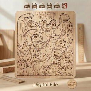Dinosaur Puzzle – 19 Prehistoric-Shaped Pieces – Digital File for Laser Cutting or Crafting, SVG, PDF, Lightburn – DIY Dinosaur Activity,