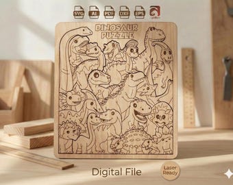 Dinosaurier-Puzzle, lasergeschnitten | 19 Dino-Teile | SVG Glowforge xTool