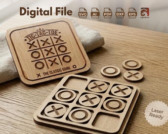 Tic-Tac-Toe Laser Cut File | SVG DXF AI | Glowforge xTool Lightburn | Wooden Board Game | 13-Piece Game Set