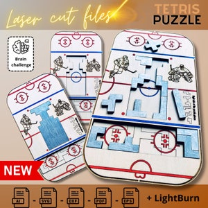 Peut inclure: Un puzzle Tetris découpé au laser en forme de patinoire de hockey. Le puzzle est en bois et a une finition brun clair. Le puzzle est composé de pièces de différentes formes qui s'emboîtent pour former la forme de la patinoire de hockey. Le puzzle est intitulé "TETRIS PUZZLE" et "NEW". L'image comprend également une liste de formats de fichiers pour les fichiers de découpe laser : AI, SVG, DXF, PDF, EPS et LightBurn.