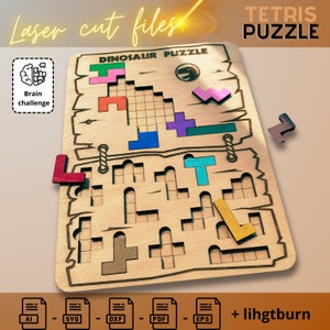 Dinosaur Tetris Puzzle Template - Digital Download for Laser Cutters, DIY Wooden Animal Toy Pattern. Dinosaur