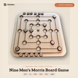 ナインメンズモリスボードゲーム レーザーカットファイル | SVG DXF AI | Glowforge xTool Lightburn | クラシック戦略ゲーム | 木製ボードゲーム