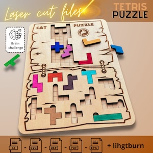 Szablon puzzli Cat Tetris-cyfrowe pobieranie dla wycinarek laserowych, wzór drewnianej zabawki dla kota DIY