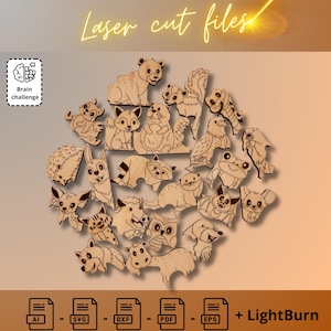 K&ouml;nnte beinhalten: Ein Satz aus lasergeschnittenen Holztier-Puzzleteilen. Die Teile sind in einem Kreis angeordnet und zeigen eine Vielzahl von Tieren, darunter einen Waschb&auml;ren, einen B&auml;ren, einen Frosch, eine Fledermaus, eine Eule und einen Igel. Der Text "Laser cut files" steht oben im Bild. Der Text "Brain challenge" steht in einem Kasten unten links im Bild. Der Text "AI - SVG - DXF - PDF - EPS + LightBurn" steht unten im Bild.