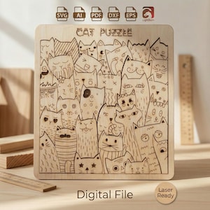 Cat Puzzle SVG Laser Cut File | 34 Cat-Shaped Pieces | Wooden Jigsaw Brain Teaser | DIY Cat Lover Gift | Glowforge Lightburn Tested
