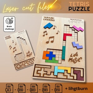 Plantilla de rompecabezas de Tetris musical - Descarga digital para cortadores láser, patrón de juguete de música de madera DIY