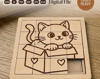 Cat Sliding Puzzle Laser Cut File | SVG DXF AI | Glowforge xTool Lightburn | Cat Lover Gift | 15-Piece Puzzle