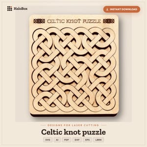 May include: A square light-colored wooden puzzle featuring an intricate, laser-cut Celtic knot pattern. The top of the puzzle is engraved with the text "CELTIC KNOT PUZZLE" flanked by two small knot icons. The design consists of interlocking loops.