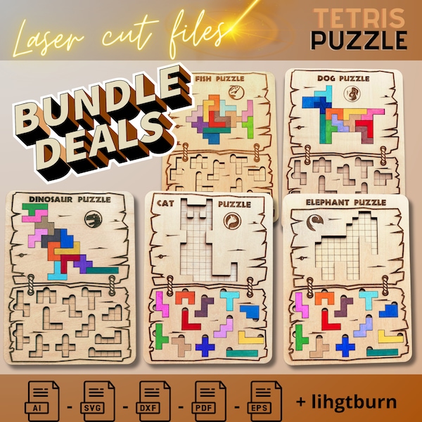 Tetris Puzzle-Tiere-Bundle, Fisch, Katze, Hund, Elefant, Dinosaurier