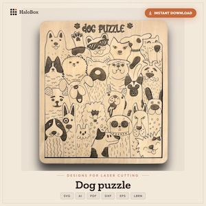 May include: A square wooden puzzle featuring laser-engraved illustrations of various dog breeds. The top of the puzzle displays the text "dog PUZZLE" flanked by paw prints. The design includes multiple canine faces with diverse expressions, patterns, and accessories like sunglasses, all rendered in a clean, line-art style suitable for laser cutting projects.