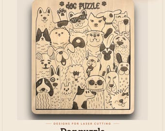 Dog Puzzle Laser Cut File | SVG DXF AI | Glowforge xTool Lightburn | 24 Dog Pieces Wooden Puzzle