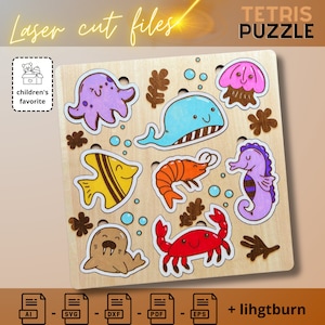 Kids marine animals puzzle,  laser cut file, kids puzzle, marine animals