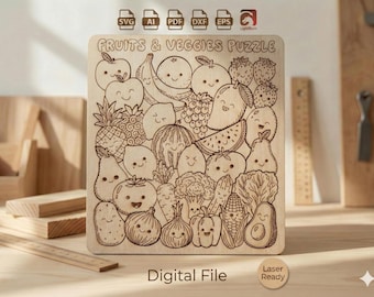 Fruits Veggies Puzzle Laser Cut File | SVG DXF AI | Glowforge xTool Lightburn | 29 Pieces | Kids Gift