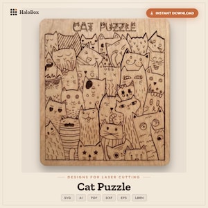Può includere: Un puzzle quadrato in legno con un'illustrazione incisa al laser di numerosi gatti con espressioni facciali e motivi vari. Il testo CAT PUZZLE è inciso nella parte superiore. Si tratta di un file di design digitale per progetti di taglio laser.