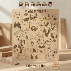 Dog Puzzle SVG Laser Cut File | 24 Unique Dog-Shaped Pieces | Wooden Jigsaw Brain Teaser | DIY Pet Lover Gift | Glowforge Lightburn Tested