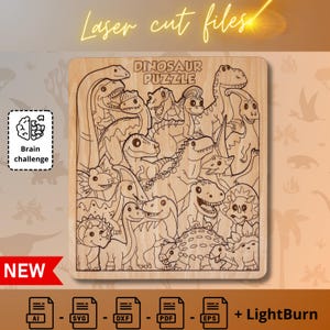 Quebra-cabeça de dinossauro – 19 peças em formato pré-histórico – Arquivo digital para corte a laser ou artesanato, SVG, PDF, Lightburn – Atividade DIY de dinossauro,