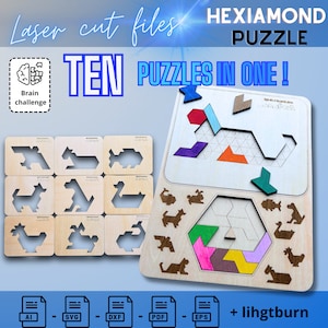 DIY Animal Hexiamond Puzzle Template - Laser Cutter Pattern, Wooden Toy Design, Instant Download