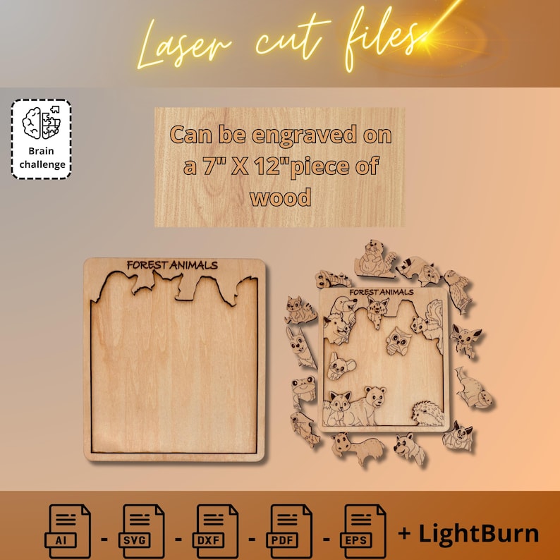 K&ouml;nnte beinhalten: Lasergeschnittene Dateien f&uuml;r ein Waldtier-Puzzle. Das Puzzle besteht aus 15 Teilen und ist f&uuml;r ein 18 cm x 30 cm gro&szlig;es St&uuml;ck Holz ausgelegt. Die Dateien sind in den Formaten AI, SVG, DXF, PDF und EPS verf&uuml;gbar. Das Bild enth&auml;lt auch den Text "FOREST ANIMALS" und "LightBurn".