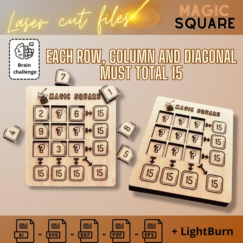 May include: Laser cut files for a wooden magic square puzzle. The board features a three-by-three grid with question marks and numbers, requiring rows, columns, and diagonals to total 15. Includes loose number tiles and file format icons.