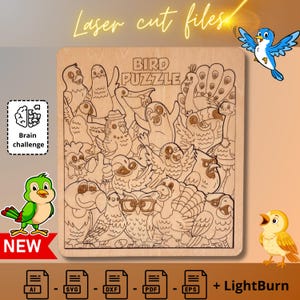 Bird Puzzle – 18 unique bird-shaped Pieces – Digital File for Laser Cutting or Crafting, SVG, PDF, Lightburn – DIY Bird Activity,