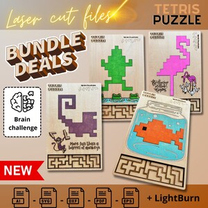 Animal Tetris Puzzle Template - Digital Download for Laser Cutters, DIY Wooden Animal Toy Pattern Bundle, Goldfish, Monkey, Flamingo, Frog