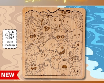 Marine Animals Puzzle SVG DXF | 22 Piece Wooden Ocean Puzzle Laser Cut | Glowforge xTool