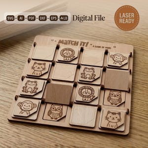 Peut inclure: Jeu en bois "Match It!" avec des illustrations d'animaux, dont un lion, un chat, une grenouille, un singe et un hibou. Le plateau de jeu comporte une grille de carrés avec des paires correspondantes. Le texte "Digital File" et "Laser Ready" sont visibles.
