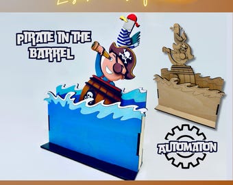 Pirate Barrel Automaton Laser Cut File SVG DXF | Kinetic Wooden Toy | Glowforge xTool Download